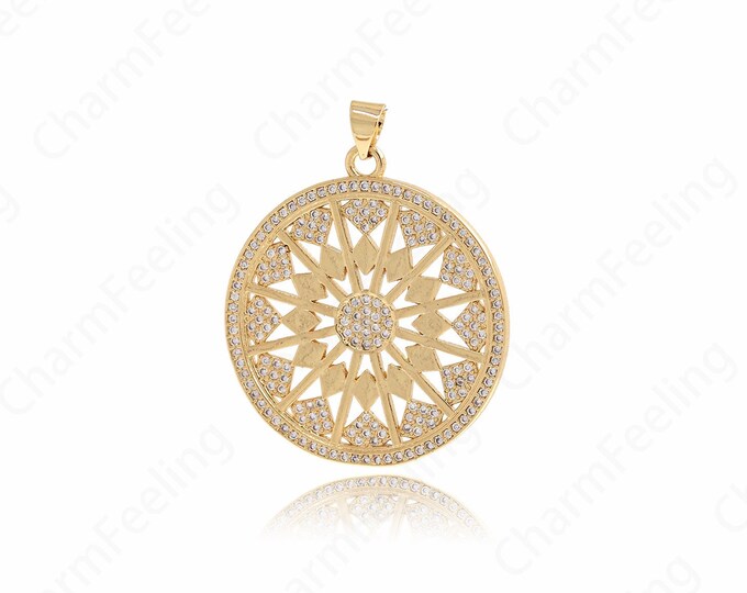 Micropavé CZ Round Pendant, Wheel Charm, 18K Gold Filled Flower Pendant, Lucky Wheel Charm, DIY Jewelry Supplies, 37.7x30.4x1.7mm