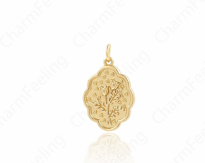 Rose Flower Pendant, Oval Pendant, Plant Charm, 18K Gold Filled Plant Necklace,DIY Jewelry Supplies, 23.5x14.5x2.6mm