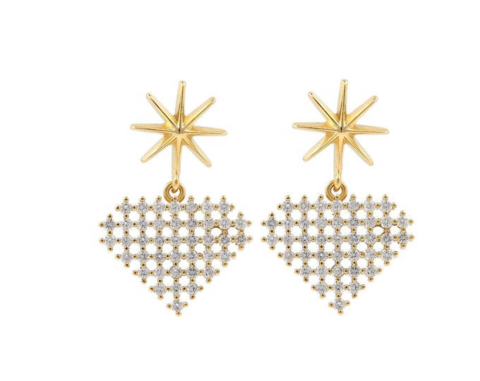 Bohemian Earrings, 18K Gold Filled Heart-Shaped Earrings, Micropaved CZ Love Earrings, Love Charm, Pierced Earrings, A Gift For Her