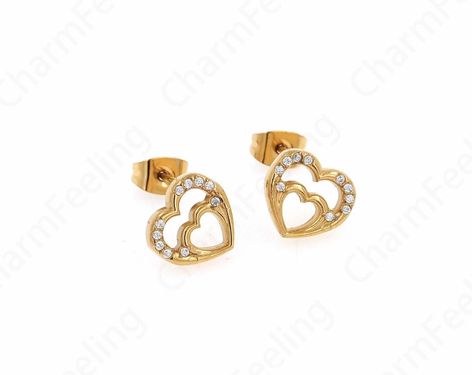 Dainty Love Earrings,18K Gold Filled Love Earrings, Heart-Shaped Earrings,Micropaved CZ Love Charm, A Gift For Her,9.8x10.5x1.8mm