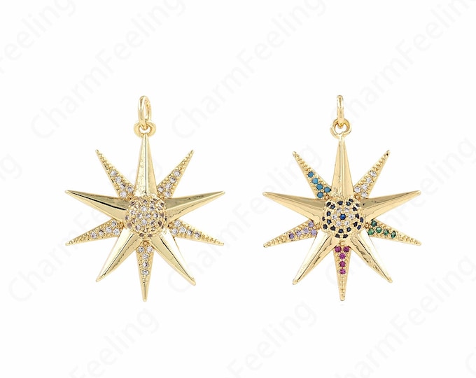 Micropavé CZ Star Necklace, Polaris Charm, Astral Charm, 18K Gold Filled Polaris Pendant, DIY Jewelry Accessories, 29.5x25x4.5mm