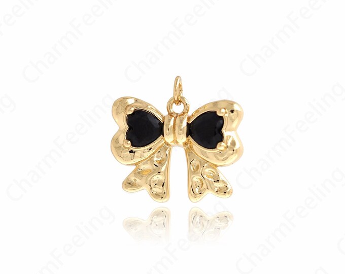 Gold Bow Necklace, Bow Pendant, Micropavé CZ Knot Charm, 18K Gold Filled Bow Charm, DIY Jewelry Supplies, 20.5x22x4.7mm