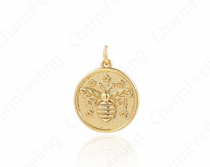Micropavé Cubic Zirconia Bee Pendant,18K Gold Filled Coin Necklace,Bee King Necklace,Bee charm,DIY Jewelry Component 21.6x16.5x2.5mm