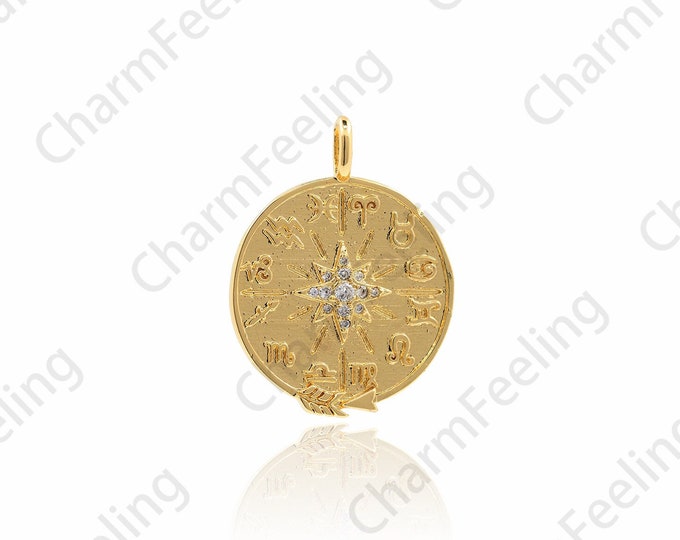 18K Gold Filled Polaris Pendant, Polaris Necklace, Micropavé CZ Round Star Necklace, Polaris Charm, DIY Jewelry Accessories, 29.5x22x2mm