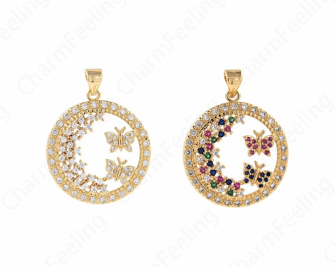 Insect Pendant,18K Gold Filled Round Butterfly Necklace,Butterfly Charm,Disc Gold Coin Pendant,Round Charm,DIY Accessories,30x24x4mm