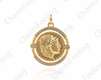 Micropavé Cubic Zirconia Gold Coin Necklace, Round Coin Pendant, Disc Necklace, Human Face Coin Pendant, DIY Jewelry Components, 24x18x2.8mm
