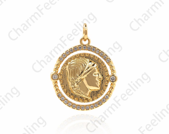 Micropavé Cubic Zirconia Gold Coin Necklace, Round Coin Pendant, Disc Necklace, Human Face Coin Pendant, DIY Jewelry Components, 24x18x2.8mm