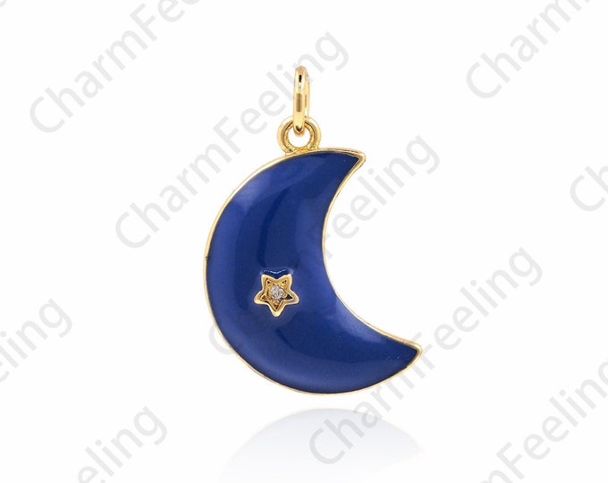 18K Gold Filled Moon Necklace,Enamel Crescent Pendant, Star Necklace,Enamel Crescent Charm,Star Charm,Star Pendant, Enamel Pendant 24x15x4mm