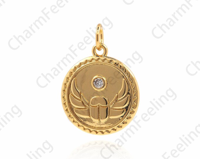 18K Gold Filled Round Coin Pendant, Wing Embossed Necklace, Round Necklace Micropavé CZ Coin Jewelry, DIY Jewelry Accessories 20x15x1.7mm