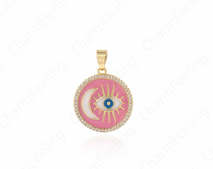 18K Gold Filled Enamel Eye Pendant, Micropavé CZ Eye Necklace, Eye Charm, Enamel Charm, DIY Jewelry Accessories 22x27x2mm