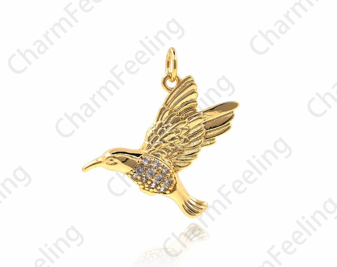 18K Gold Filled Bird Pendant, Hummingbird Necklace,Animal Pendant, Animal Charm,Bird Charm,Micropavé Cubic Zirconia Jewelry 24.5x23x3mm