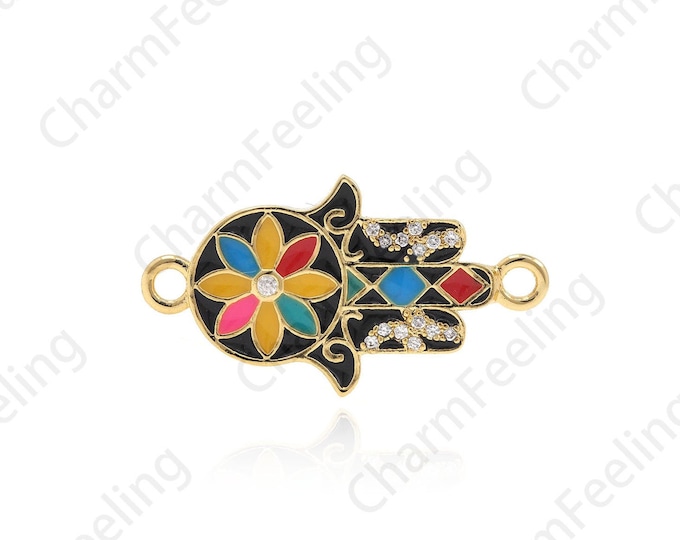Enamel Hamsa Connector, Hand Of Hamsa, CZ Hand Connector, Hand Of Fatima Charm, DIY Jewelry Making Accessories 15x27.6x2.3mm 1pcs