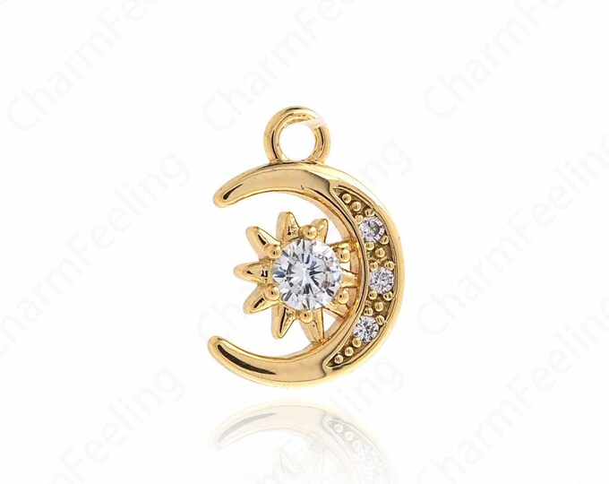 Moon Necklace, Sun Pendant, 18K Gold Filled Crescent Charm, Sunshine Necklace, Micropavé CZ Moon Charm, DIY Jewelry Supplies, 11x8x2.5mm