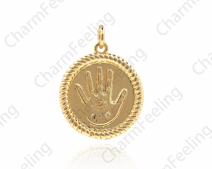Round gold coin hand pendant, hand necklace, disc pendant, gold coin pendant, lucky gold coin pendant 23.5x18x2mm