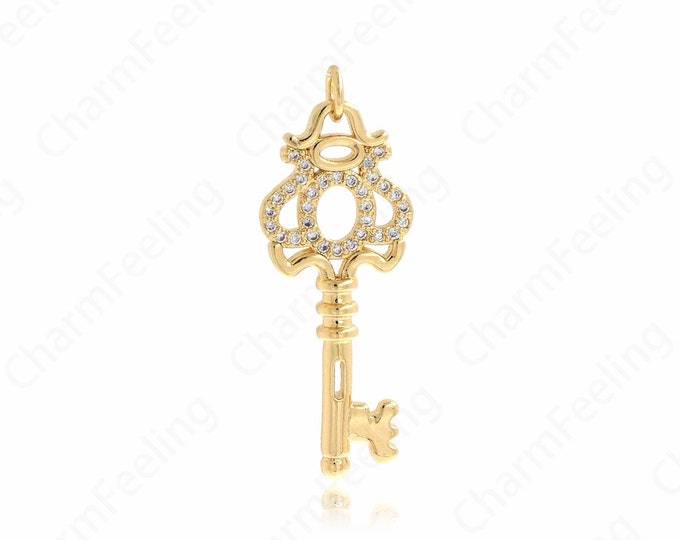 Flower Key Pendant, Micropavé CZ Key Necklace, 18K Gold Filled Key Charm, Used for DIY Jewelry Making Accessories, 36.5X13.6X2mm
