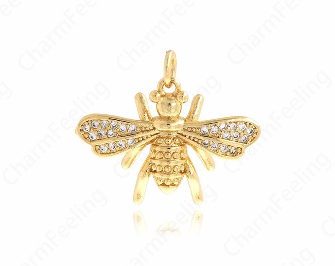Bee Pendant, Insect Necklace, Micropavé CZ Bee Charm, 18K Gold Filled Animal Necklace, Animal Charm, DIY Jewelry Accessories, 21x24x5mm