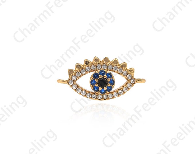 18K Gold Filled Gold-Plated Eye Connector,Micropavé CZ Eye Bracelet Necklace, Blue Eye Connector, Eye Charm 17.7x8.9x3.8mm 1pcs