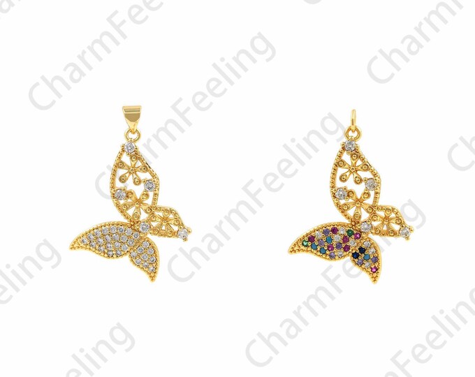 Insect Charm, Butterfly Charm, Micropavé CZ Flying Necklace, 18K Gold Filled Butterfly Pendant, DIY Jewelry Accessories,22.2x34x3mm