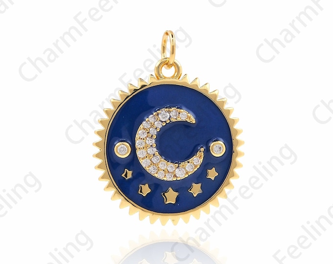Enamel Moon Pendant, Star Charm, Crescent Moon Necklace, 18K Gold Filled Star Pendant, Enamel Polaris Necklace 25x19x2.3mm