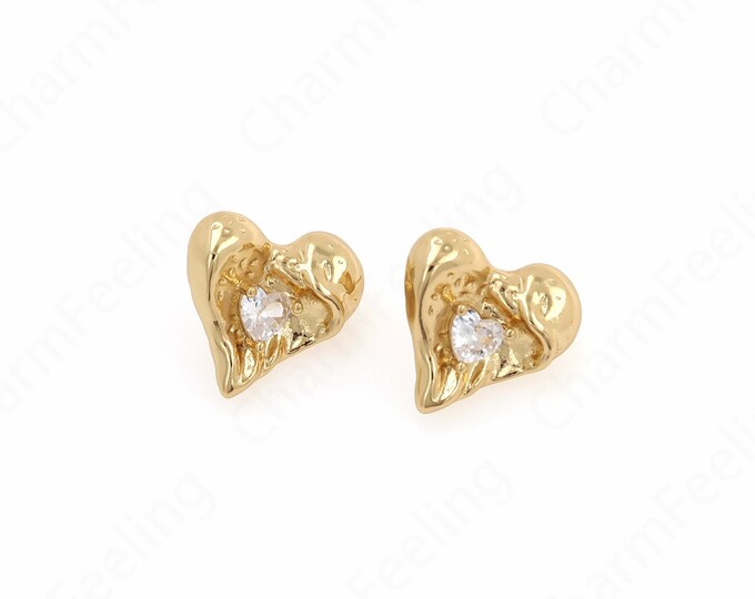 1 Pair,Micropaved CZ Wedding Earrings, Simple Heart-Shaped Earrings, 18K Gold Filled Heart-Shaped Earrings, A Gift For Her,17.5x16.5x5mm