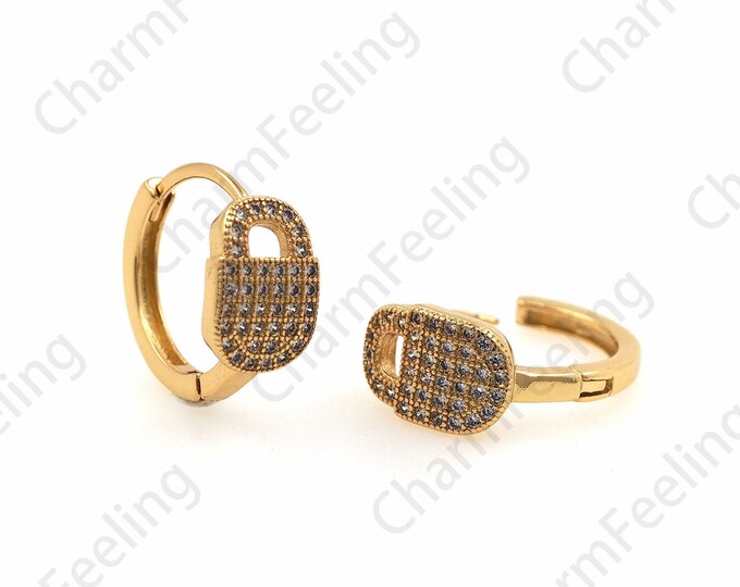18K Gold Filled Lock Earrings, Micropavé CZ Earrings,Lock Earrings, A Gift For Her 14x15mm1 pair