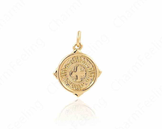 Cross charm, Coin Charm,Round Cross Pendant, 18K Gold Filled Christian Charm,Cross Necklace, DIY Jewelry Accessories, 19.8x15x1.5mm