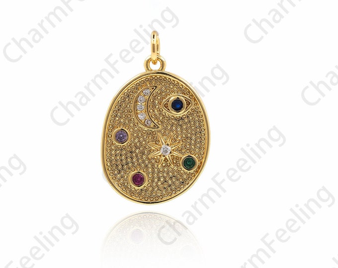 Micropavé CZ Oval Moon Star Eye Pendant, Star Necklace, Eye Charm, Moon Charm, 18K Gold Filled Star Charm 25x16x2.5mm