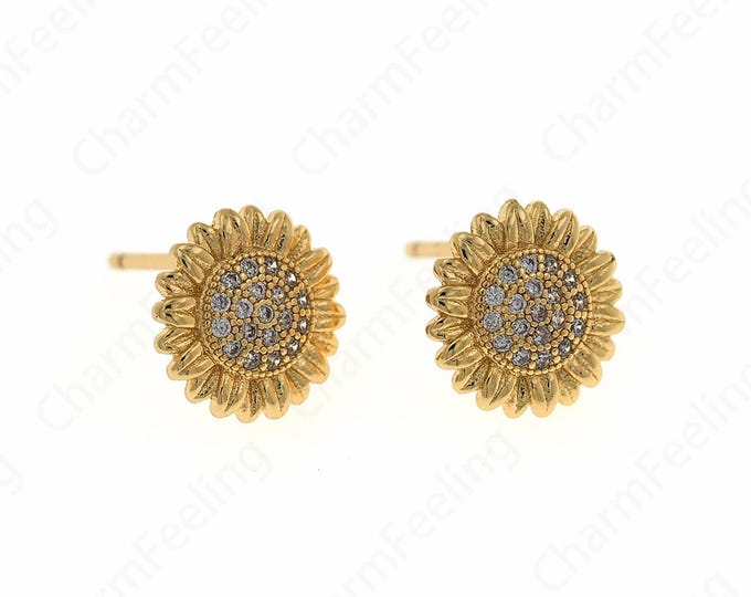 Sun Earrings, Micropavé CZ Sun Stud Earrings, 18K Gold Filled Round Earrings, Sunshine Charm, DIY Jewelry Supplies, 10.3x2mm