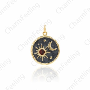 18K Gold Filled Round Pendant, Black Enamel Necklace, Moon Pendant, Crescent Charm, Sun Pendant, Star Charm, 24x18x2.8mm