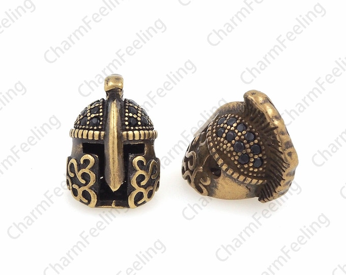 Antique helmet beads, CZ Micro Pave ancient Roman warrior head beads, suitable for making 550 Paracord men's bracelet 14.3x10x12mm 1pcs