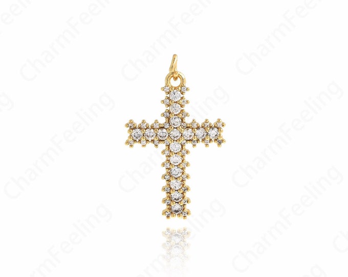 Micropavé CZ Cross Necklace,Christian Charm,18K Gold Filled Cross Pendant,Cross Charm,Religious Charm,DIY Jewelry Accessories,17x28x3.4mm