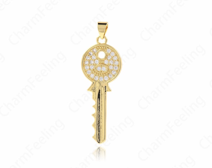 Key Pendant, Micropavé CZ Key Charm, 18K Gold Filled Key Necklace, DIY Jewelry Supplies, 41.5x14x1.6mm