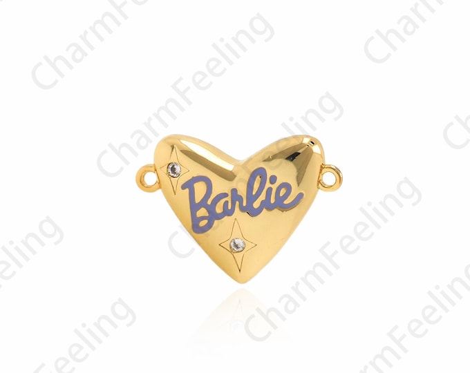 18K Gold Filled Love Connection, Letter Connector, Text Charm, Micro-Pavé CZ Heart-Shaped Bracelet Accessories, 10x15x3mm