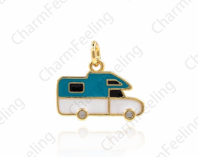 18K Filled Gold Micro-Pave Caravan Necklace, Enamel Caravan Pendant, Caravan Charm, DIY Jewelry Making Accessories 15x17x2mm 1pcs