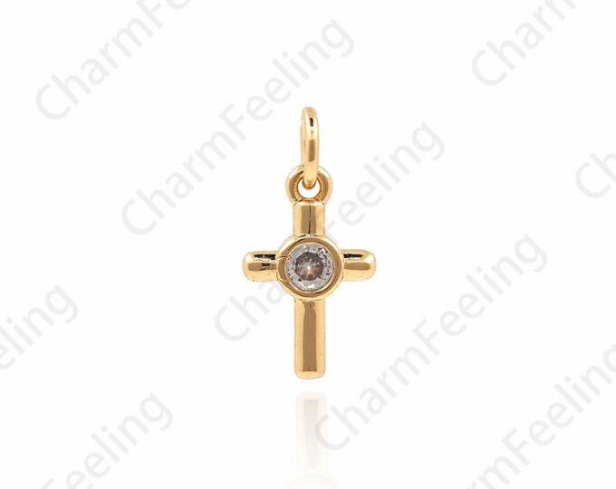 Cubic Zirconia Mini Cross Pendant, Cross Charm, Religious Charm, DIY Jewelry Making Accessories 16x8x1.5mm 1pcs
