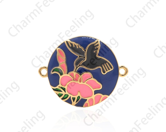 18K Gold Filled Enamel Round Swallow Connector, Round Bracelet Accessories, Disc Lily Connector, Plant Charm, Lily Charm 17.5x22x2.5mm