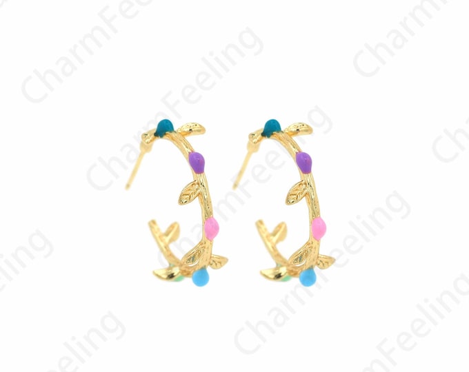 Enamel Earrings,18K Gold Filled Branch Earrings,CZ Micropavé Leaf Earrings,Gold Earrings Jewelry,Suitable For Anniversary Gifts 22x8mm