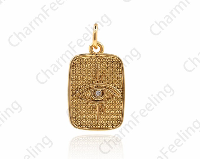18K Gold Filled Eye Necklace, Micropavé CZ  Eye Pendant, Lucky Eye Charm, Rectangular Medal Charm 20x11x2mm