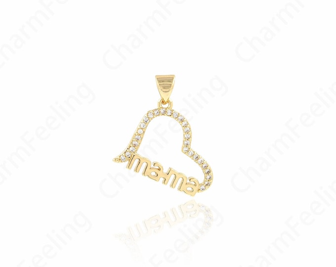 MicroPave CZ Mother Charm, 18K Gold Filled Heart Charm Mom Pendant, Heart Necklace, Gift For Mother,26x18x1.6mm