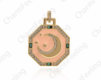 Pendente per tarocchi luna piena d'oro 18K, ciondolo luna CZ micropavé, collana di tarocchi a mezzaluna smaltata, fascino della mezzaluna smaltata, 34x25x3 mm