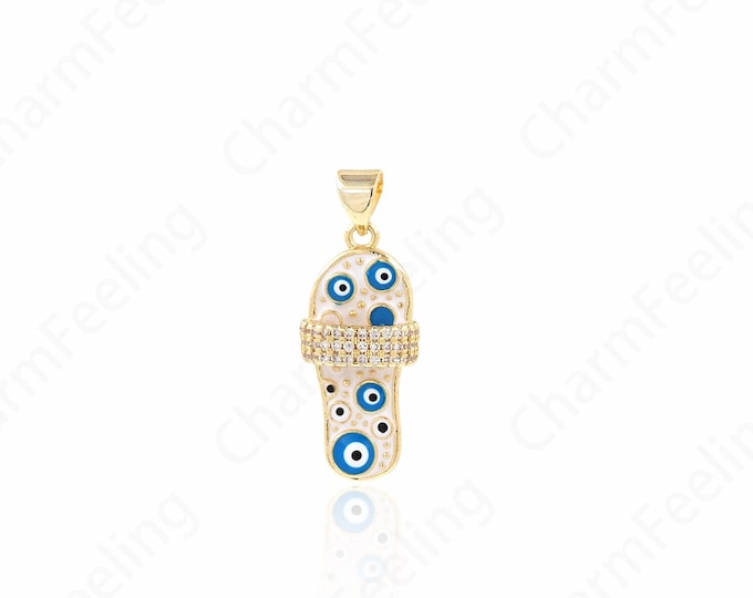 Micropavé CZ Slippers Pendant,18K Gold Filled Flip Flop Jewelry, Eye Necklace, Enamel Eye Slippers Jewelry, 23x11x5.2mm
