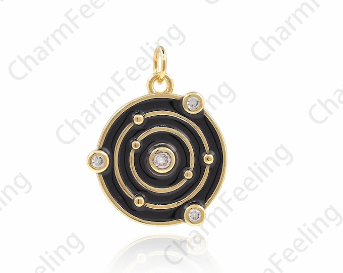 18K Gold Filled Galaxy Necklace, Enamel Galaxy Pendant, Enamel Astronomical Charm, Micropavé CZ Solar System Charm 19x15x1.5mm
