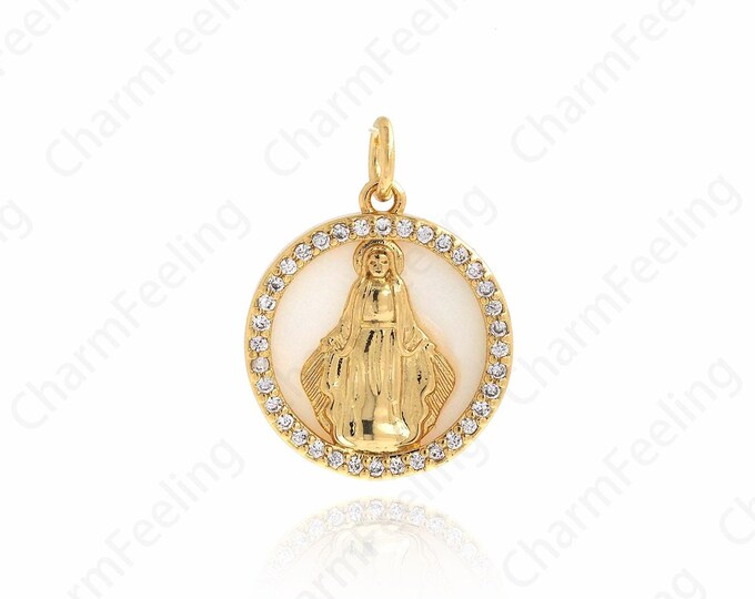 18K Gold Filled Round Virgin Mary Medal Coin Necklace,Micropavé CZ Virgin Mary Charm,  Virgin Mary Charm 21x16x2.7mm