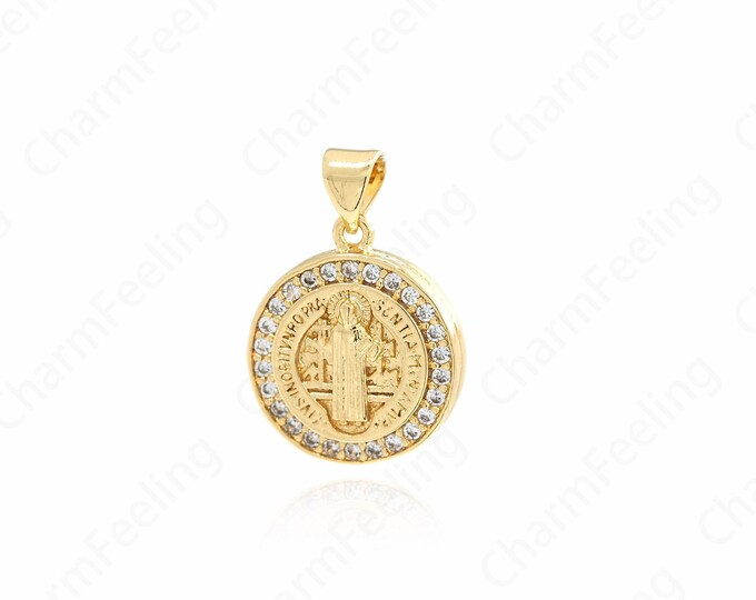 Micropavé CZ Christian Charm, Jesus Pendant, 18K Gold Filled Round Charm, Religious Charm, DIY Jewelry Supplies,23x16x3.5mm