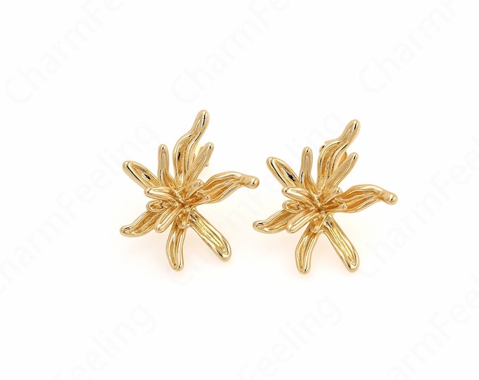 Micropavé CZ Dainty Stud Earrings,Flower Earrings, 18K Gold Filled Round Earrings, Bone Clip Earrings, DIY Jewelry Supplies, 32x27.5x10mm