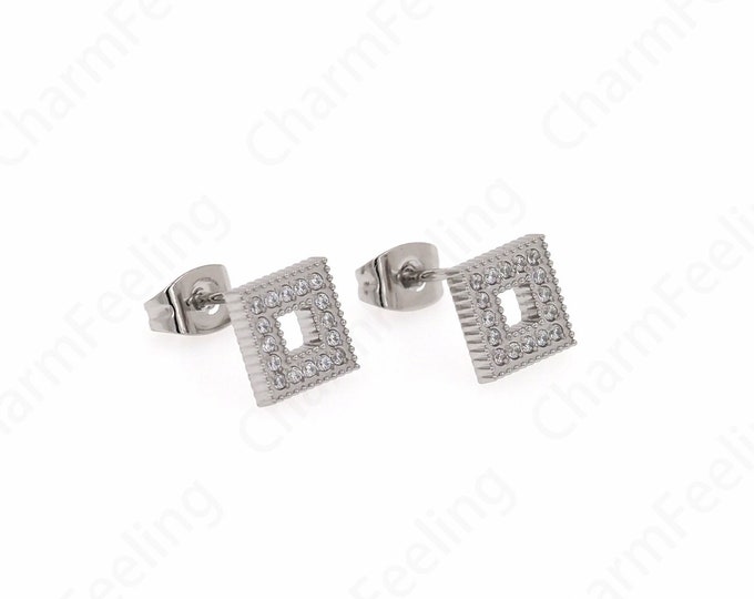 Silver Filled Earring Charms,Square Earrings,Stainless Steel Earrings,MicroPave CZ Simple Earrings,DIY Jewelry Supplies,8x8x2mm