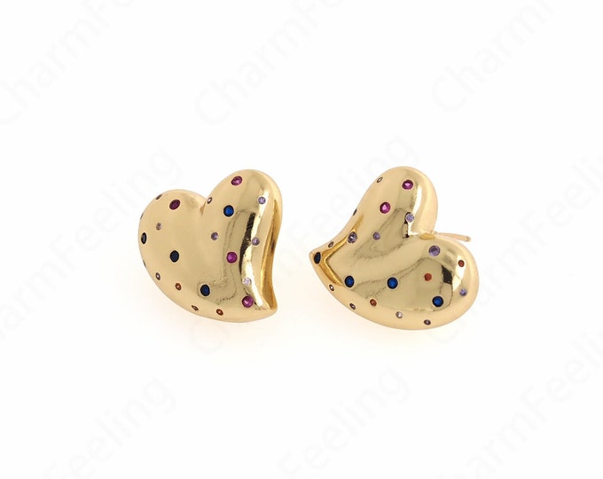 1 Pair,Micropaved CZ Wedding Earrings, Simple Heart-Shaped Earrings, 18K Gold Filled Heart-Shaped Earrings, A Gift For Her,20x18.5x5mm