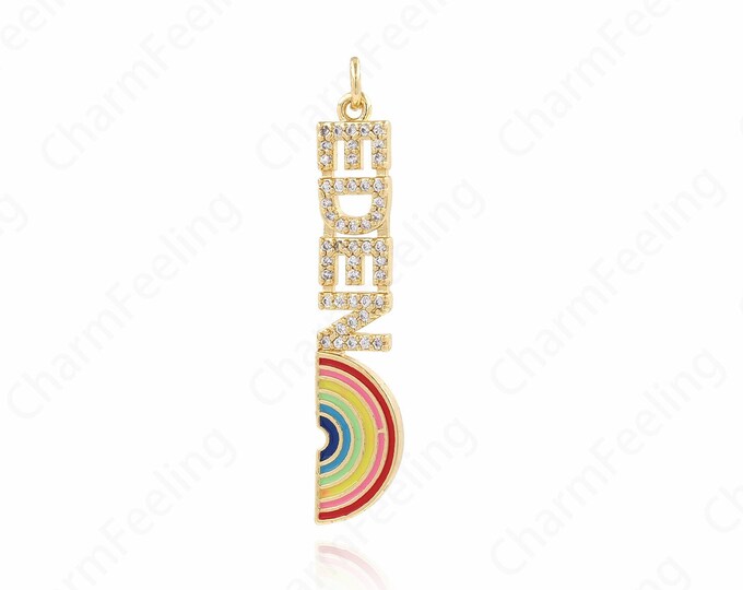 18K Gold Filled Word Necklace, Rainbow Charm, Enamel Charm,Eden Pendant, Text Charm,Micropavé CZ Eden Charm,DIY Jewelry Supplies, 42.5x8x2mm
