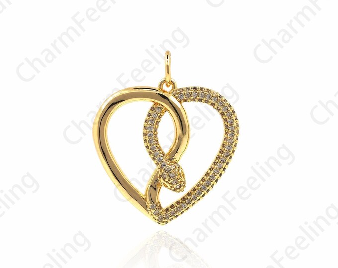 18K Gold Filled Heart Snake Pendant, Snake Charm, Heart Charm, Reptile Charm, DIY Jewelry Making Accessories 29x24x4mm 1pcs