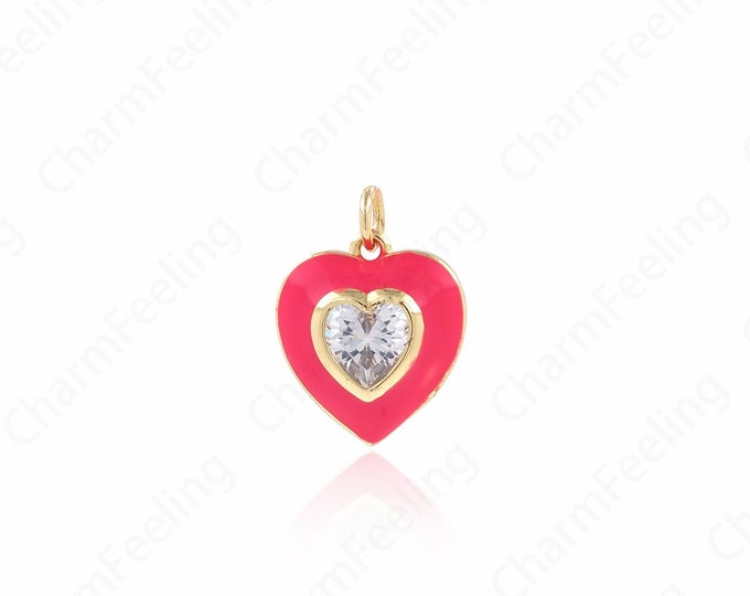 Micropavé CZ Enamel Charm, Enamel Heart Charm, 18K Gold Filled Love Necklace, Heart Pendant, DIY Jewelry Supplies, 15x19.5x4.5mm